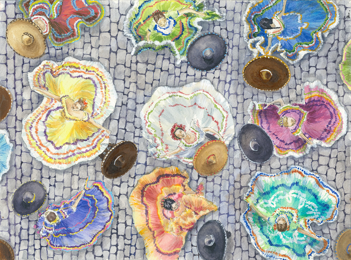 A colorful watercolor-style artwork depicting multiple flamenco dancers in wide, layered skirts with sombrero hats scattered across a cobblestone surface.