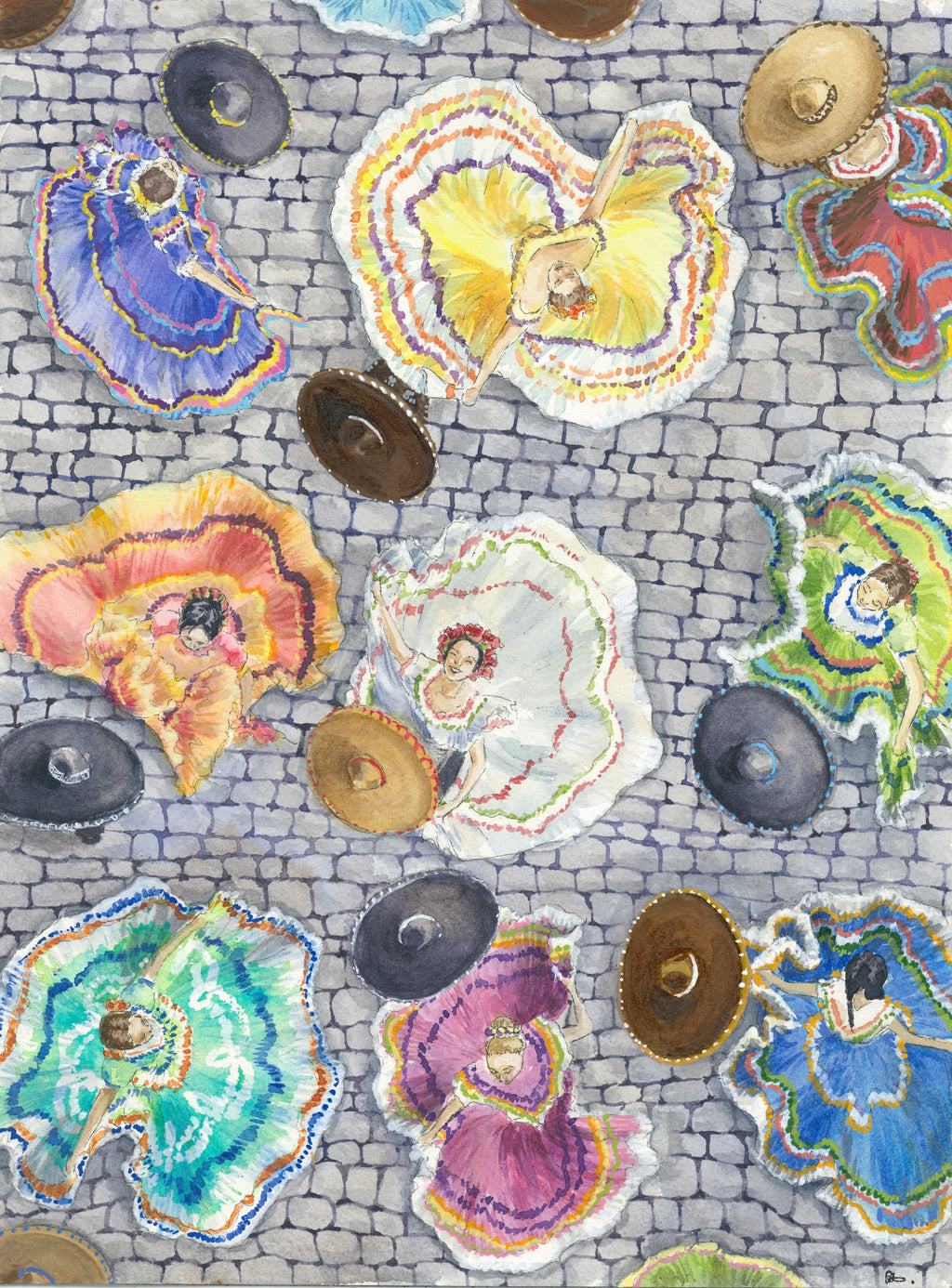 A colorful painting depicting multiple traditional Mexican charro hats in blue, yellow, green, purple, and brown, arranged on a gray cobblestone street background.