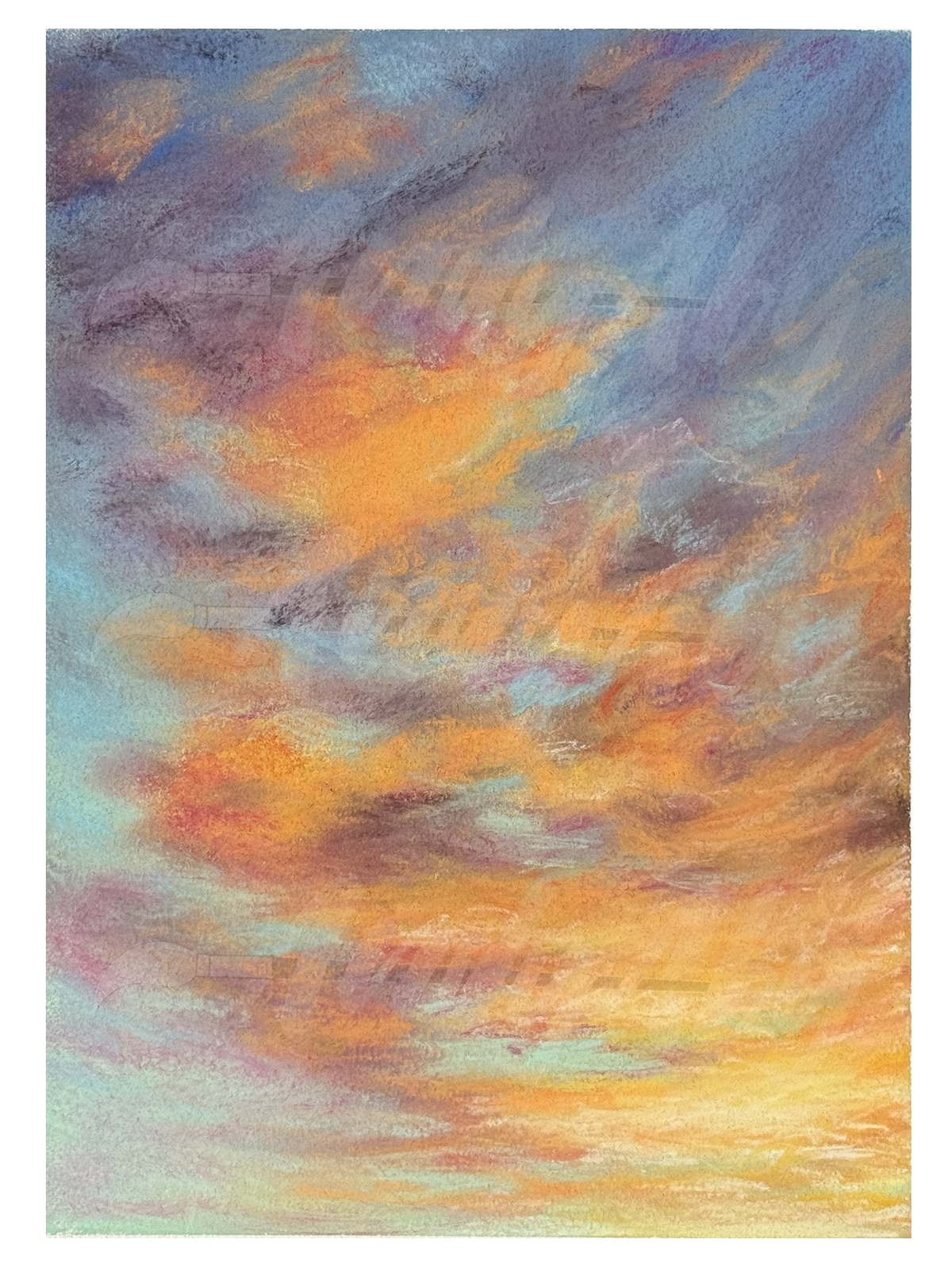An abstract pastel or crayon painting of a sunset sky, featuring blended hues of orange, yellow, purple, blue, and pink, presented on textured paper with a white border.