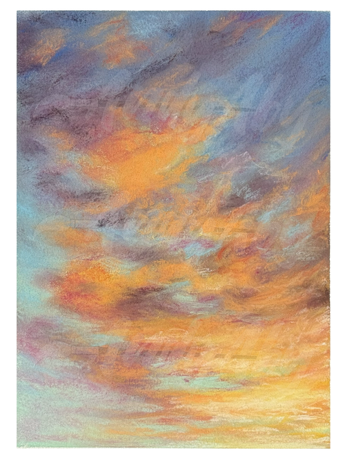 An abstract pastel or crayon painting of a sunset sky, featuring blended hues of orange, yellow, purple, blue, and pink, presented on textured paper with a white border.