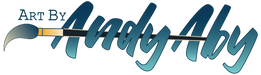 A stylized logo reading 'Art By Andy Aby' in blue gradient script, with a paintbrush incorporated into the lettering, on a plain white background.