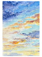 Watercolor painting of a dramatic sky with swirling blue, white, yellow, and orange clouds, presented on a white paper background.
