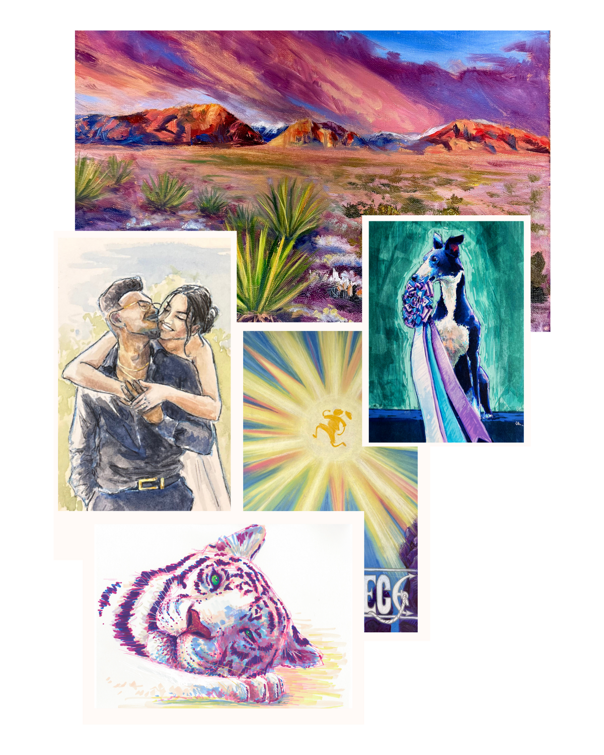 A collage of colorful art prints and illustrations on a white background, including a desert landscape painting, a couple embracing, a yucca plant, a black cat in a blue and white outfit, a yellow sunburst with a small figure, and a stylized tiger face.