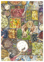 A colorful watercolor-style illustration of a bustling market scene, showing people gathered around and reaching into large trays of fresh produce, fruits, vegetables, and food stalls arranged in a grid-like layout.