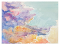 Watercolor painting of a coastal landscape with soft clouds and sky in pastel shades of blue, purple, pink, orange, and yellow on textured paper.