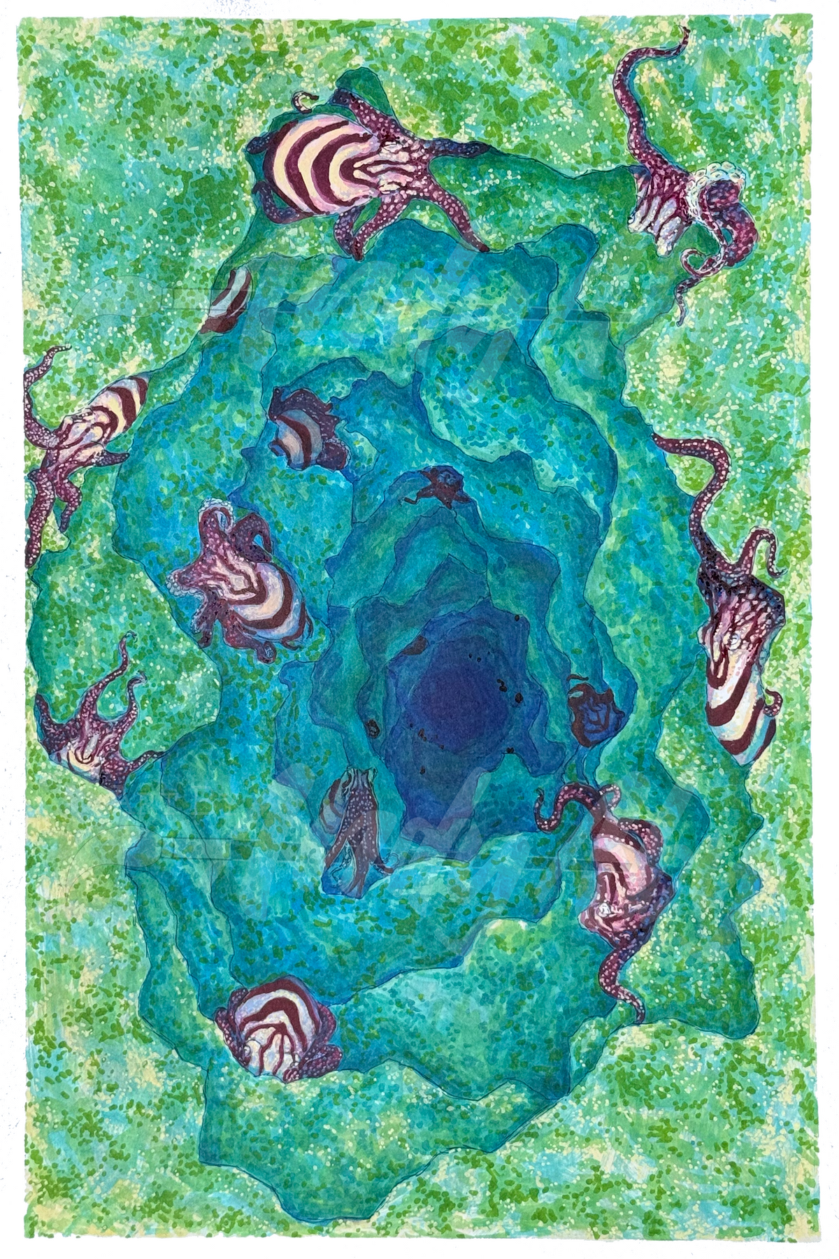 An abstract art print featuring concentric organic shapes in shades of teal, blue, and green, accented with pink and white striped octopus-like figures around the edges.