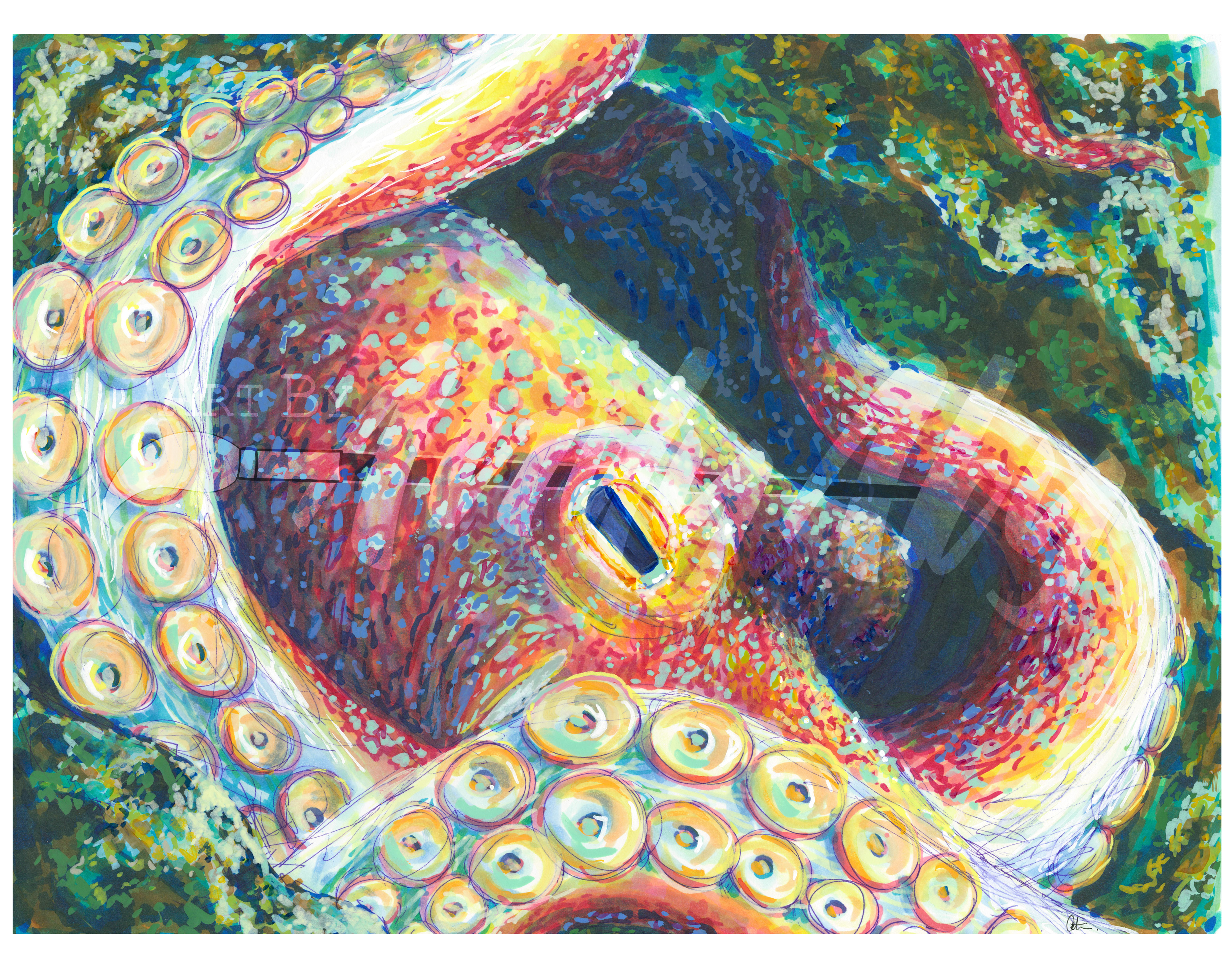 A colorful painted close-up of an octopus with detailed suction cups, a prominent eye, and textured skin in warm orange, yellow, red, and blue tones against a green and teal background.