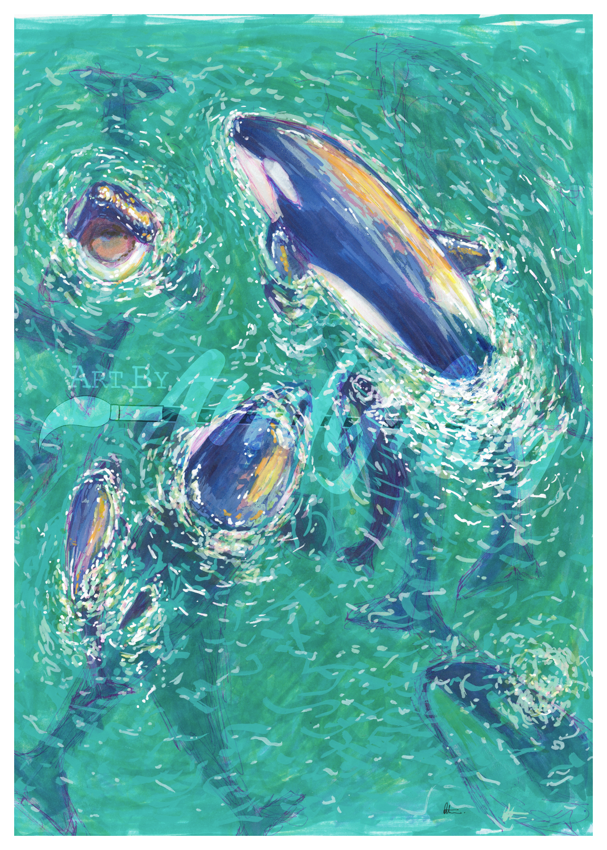 An impressionistic painting of several dolphins swimming in swirling turquoise and green water, with visible brushstrokes and a faint watermark across the center.