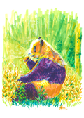 A colorful watercolor-style illustration of a panda sitting among green bamboo, rendered in bright yellow, green, purple, orange, and blue tones on a white background.