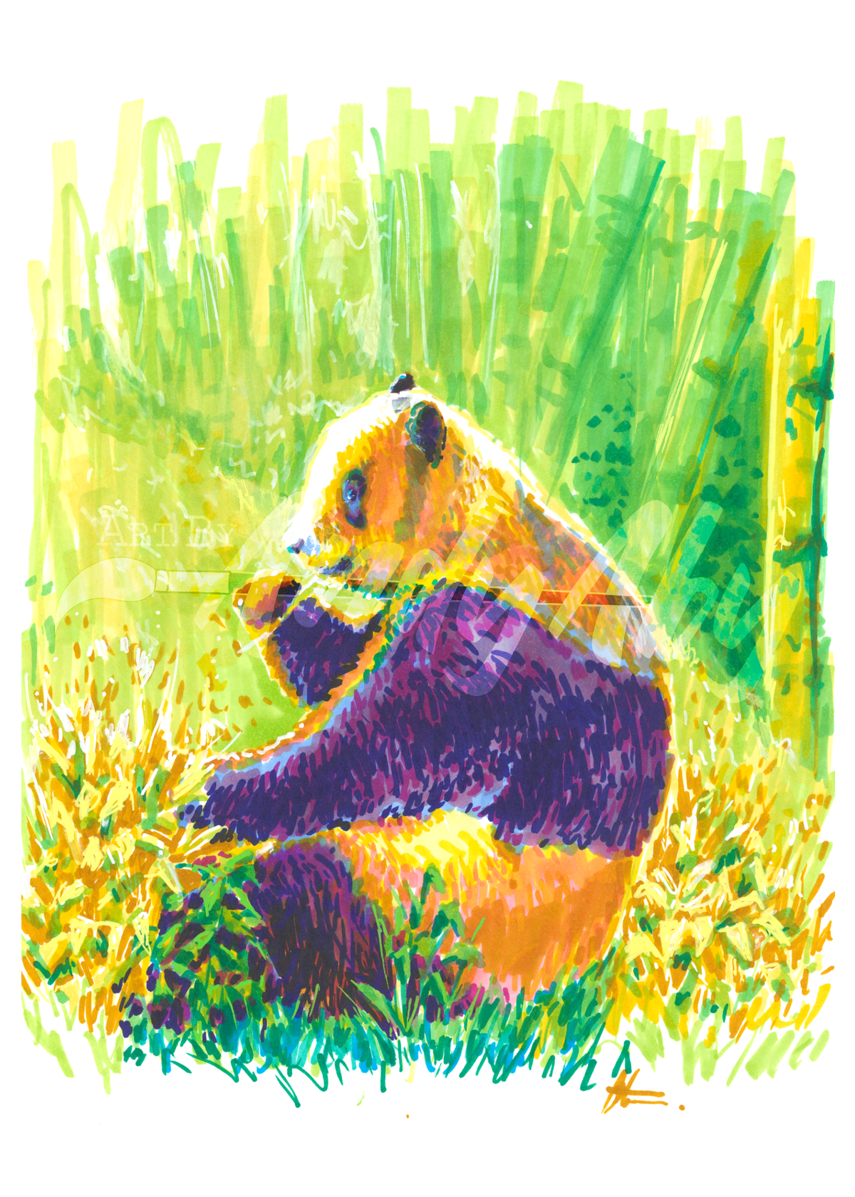 A colorful watercolor-style illustration of a panda sitting among green bamboo, rendered in bright yellow, green, purple, orange, and blue tones on a white background.