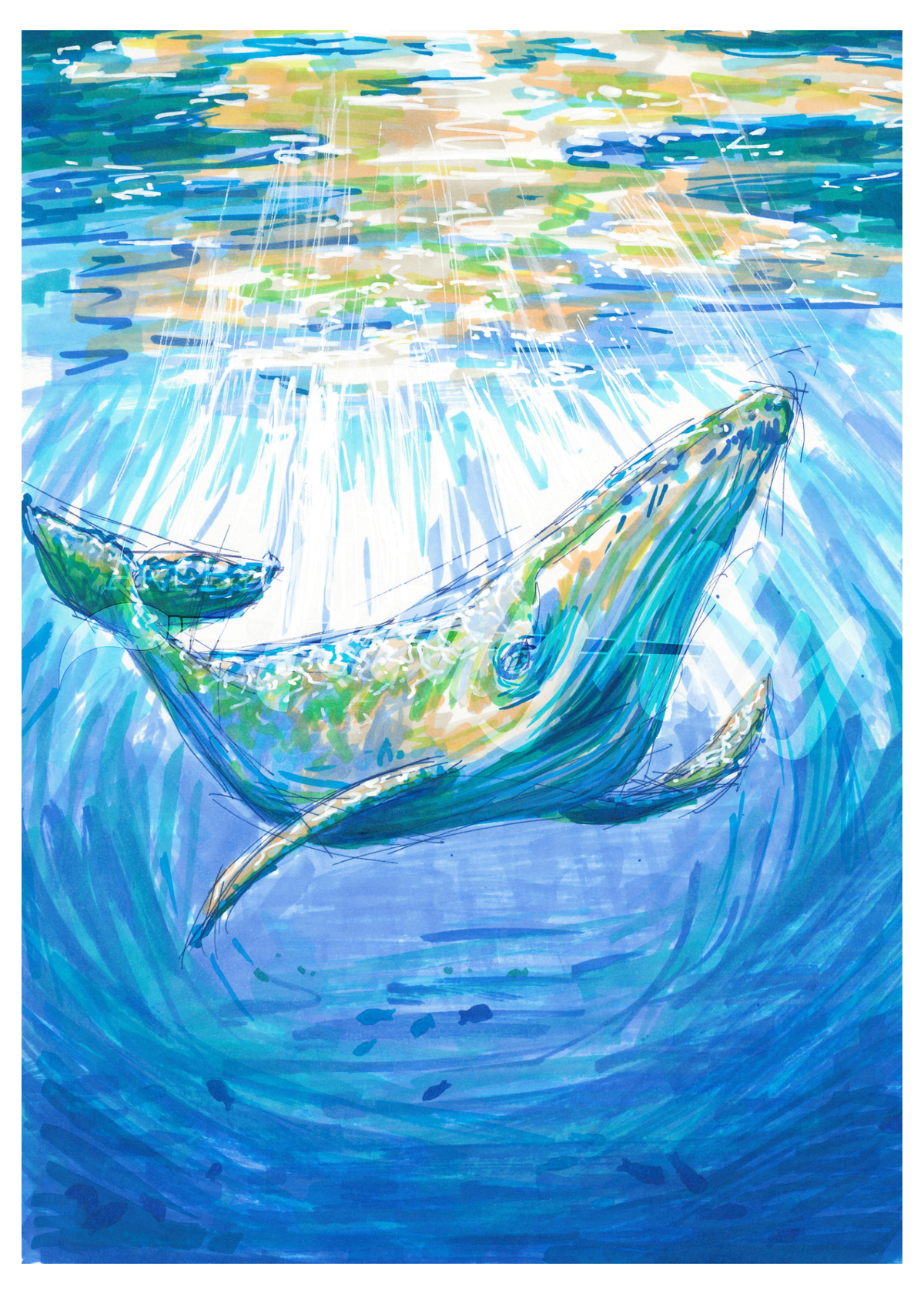 Vibrant watercolor-style artwork of a whale swimming underwater, with blue ocean tones, sunbeams breaking through the surface, and green-yellow highlights throughout the scene.